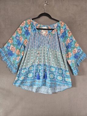 Lula Life Miranda Top Sea Hippie Coastal Vneck Tassels Multicolor Boho Large
